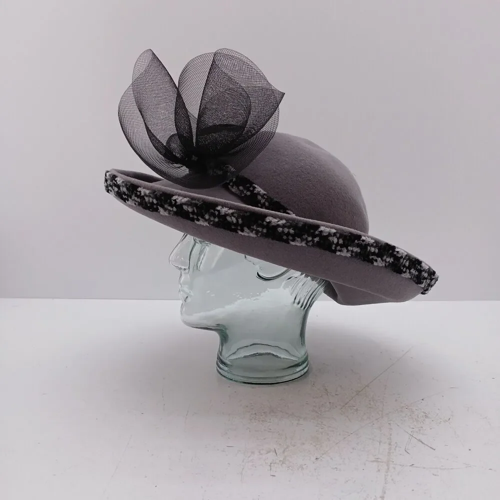 Fascinator Headpiece Hat Wedding Fashion Cap W/ Feathers and netting 100% Wool